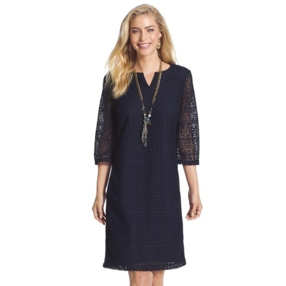 NEW Chico's Navy 3/4 Sleeve Lace Short Dress Sz. S (Chico's‎ 0)
